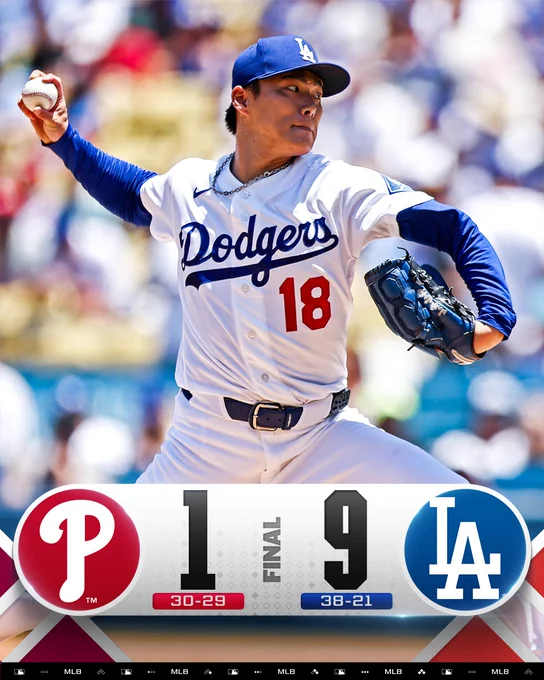 Final Score Graphic 5/31/26
Philadelphia Phillies 1 (30-29), Los Angeles Dodgers 9 (38-21)
Pictured: Yoshinobu Yamamoto delivers a pitch. He wears a white Dodgers uniform and blue cap.
