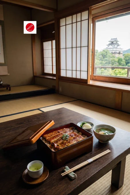 A traditional Japanese tatami room with a lacquered unajū box, miso soup, tea, and pickles arranged neatly on a low wooden table. Through the open shoji doors, a Japanese castle stands surrounded by lush greenery, creating a serene and culturally rich dining scene.