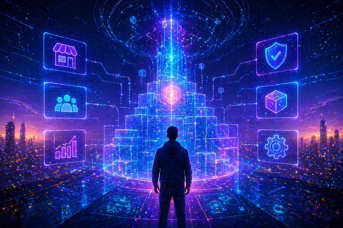 Futuristic digital illustration of a connected system architecture forming in a vibrant neon environment, with integrated blockchain, commerce, and security elements coming together, symbolizing platform development and system alignment for Kinny List, a Solana-powered Web3 marketplace focused on scalable and reliable crypto infrastructure.