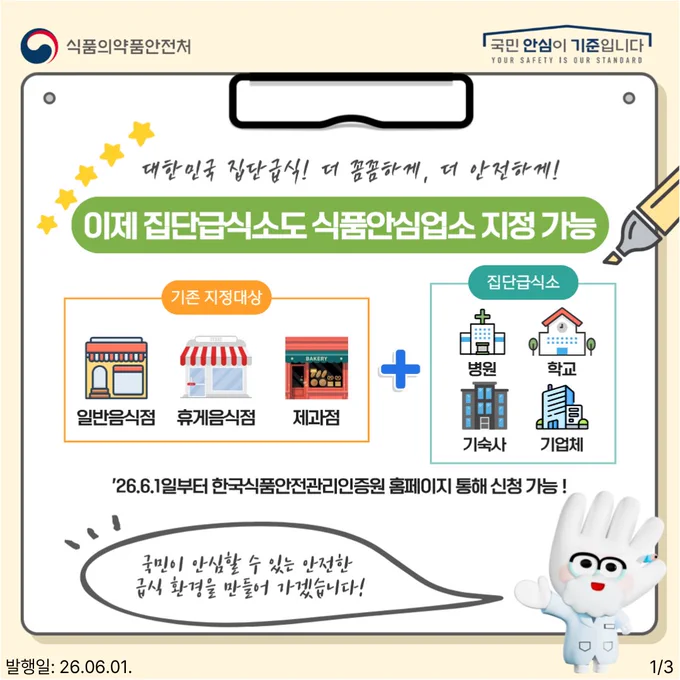 대한민국 집단급식! 더 꼼꼼하게, 더 안전하게!

이제 집단급식소도 식품안심업소 지정 가능

기존 지정대상: 일반음식점, 휴게음식점, 제과점
[   ] 추가 대상 (집단급식소): 병원, 학교, 기숙사, 기업체

'26.6.1일부터 한국식품안전관리인증원 홈페이지 통해 신청 가능!
국민이 안심할 수 있는 안전한 급식 환경을 만들어 가겠습니다!