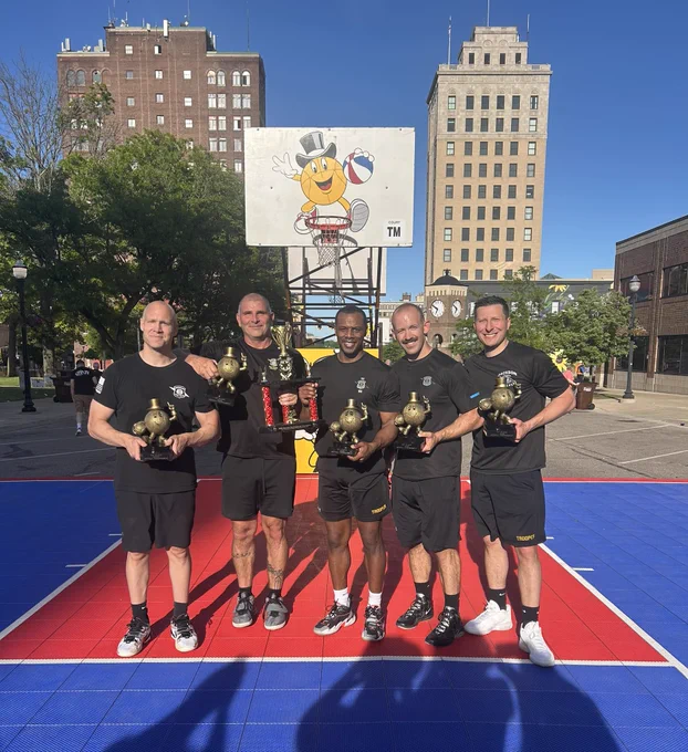 Team Michigan State Police with the Championship Trophy. Team members: Lieutenant Brian Kinaschuk-Training Division, Tpr John Hetfield-Retired-Traverse City, First Lieutenant Tedric Gibbs-Training Division, Trooper Cody Morrison-Lansing Post, Detective Sergeant Nathaniel Kraus-Jackson Post