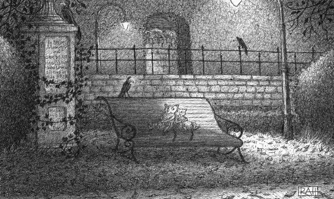 Two kitties are sitting snuggled up to each other on a bench in an old Victorian park at night. They are clearly in love. Their first meeting was just in passing as they made their nightly rounds in the gardens. As the nights progressed so did their interest in each other. Curiosity led to friendship, friendship led to affection, and love slowly blossomed. They’re now inseparable and make the rounds together. This is their favourite spot, watched over by curious crows.