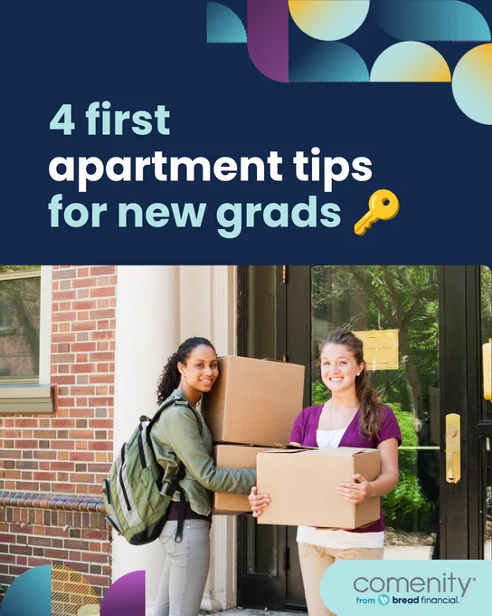 Graphic shows two young women holding moving boxes, looking excited. Text states \u201C4 first apartment tips for new grads.\u201D 