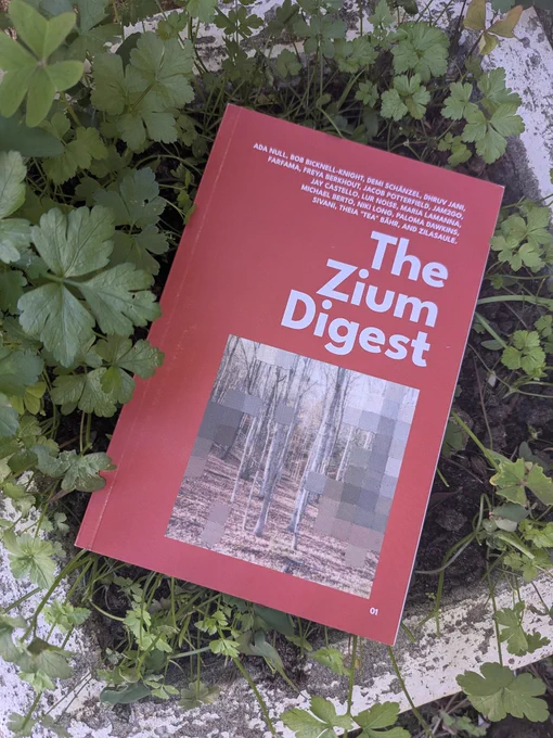A copy of The Zium Digest on a table made of wood. The cover is red with white text, and with an imagine on the cover of a birch forest with painted squares upon it.