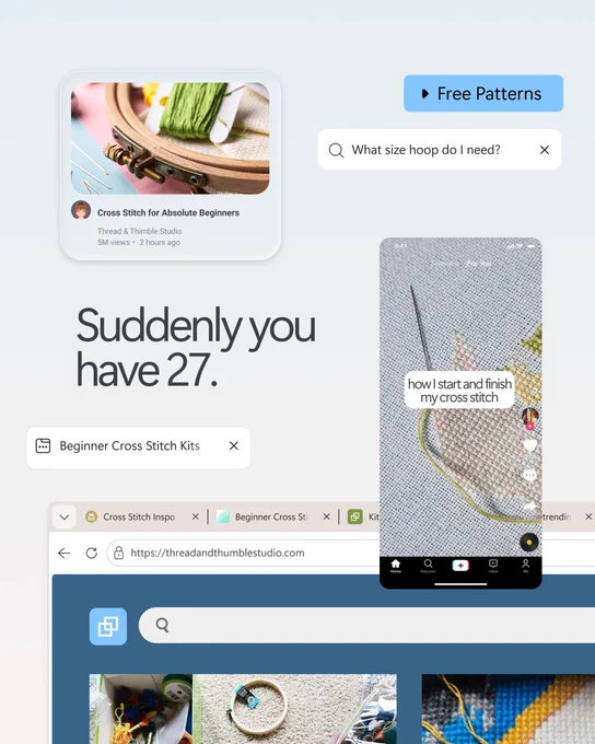 Multiple cross‑stitch tabs and videos open alongside a mobile view, with text “Suddenly you have 27,” showing tutorials, kits, and inspiration.