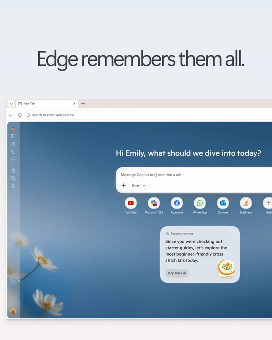 Microsoft Edge start page with Copilot and recent browsing card suggesting beginner cross‑stitch kits, under the headline “Edge remembers them all.”