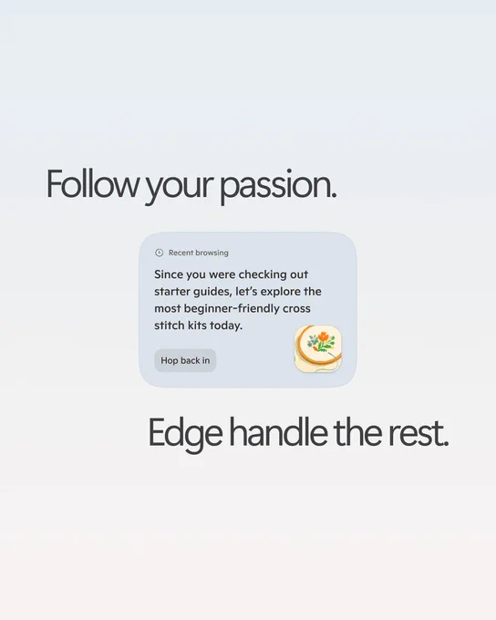 Copilot suggestion card recommending beginner cross‑stitch kits with text “Follow your passion. Edge handles the rest.”