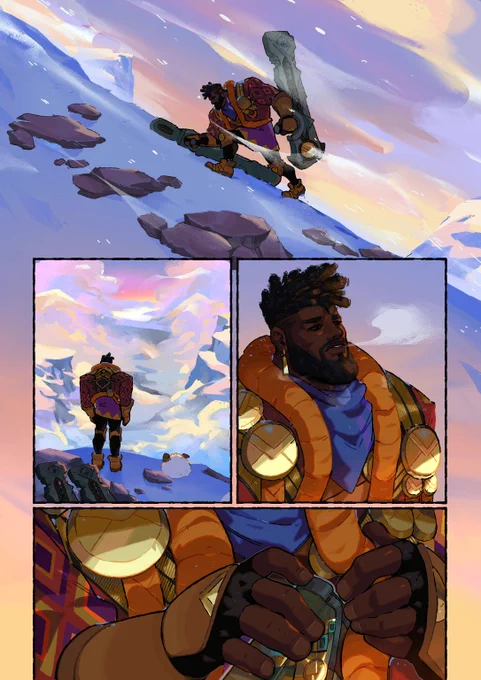 A comic strip shows a lost looking K'Sante trekking up a snowy mountain, pausing at the peak to look over a cloudy vista before opening a small book.