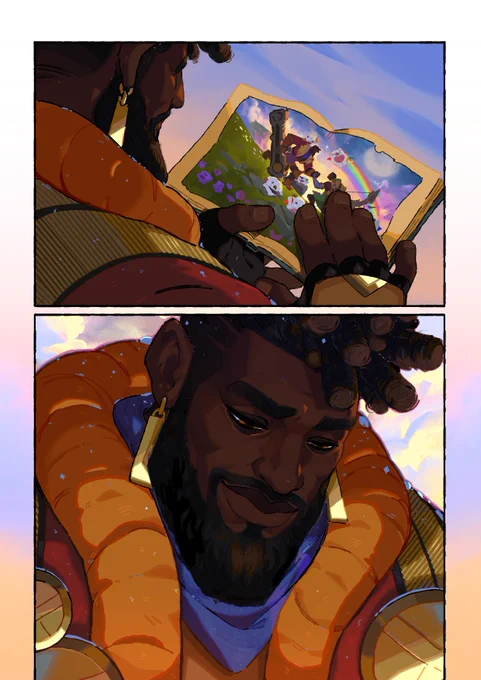 Sitting on the snowy slopes alongside a poro, K'Sante smiles warmly as he flips through a scrapbook filled with sketches and vibrant memories of an old partner.
