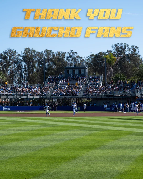 A photo of Caesar Uyesaka Stadium with the stands full from the point of view of the outfield and gold text that reads “THANK YOU GAUCHOS FANS”