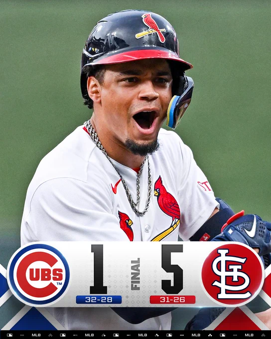 Final Score Graphic 05/31/2026
Cubs 1 (32-28) vs. Cardinals 5 (31-26)
Pictured: Masyn Winn celebrates after hitting a two-run single. He wears a white Cardinals home jersey and dark blue batting helmet.