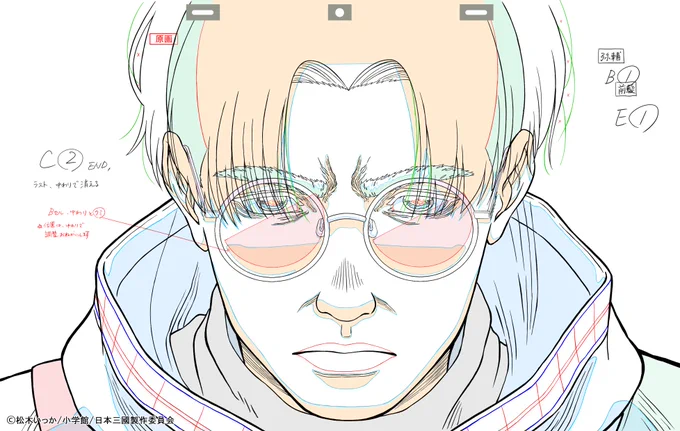 ②弥輔の顔アップの原画。厳しい顔つきでこちらを見ている。
「父の本懐がどうであれ…」と桜虎に向かって話すシーン。