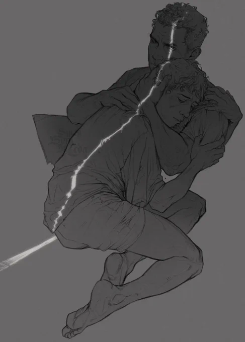 A greyscale drawing of two characters from The Pitt. Dennis Whitaker is curled up against Jack Abbot, clinging to his shoulder as Jack's arms wrap around his head and he looks directly toward the camera. A shaft of light spills over them both. 