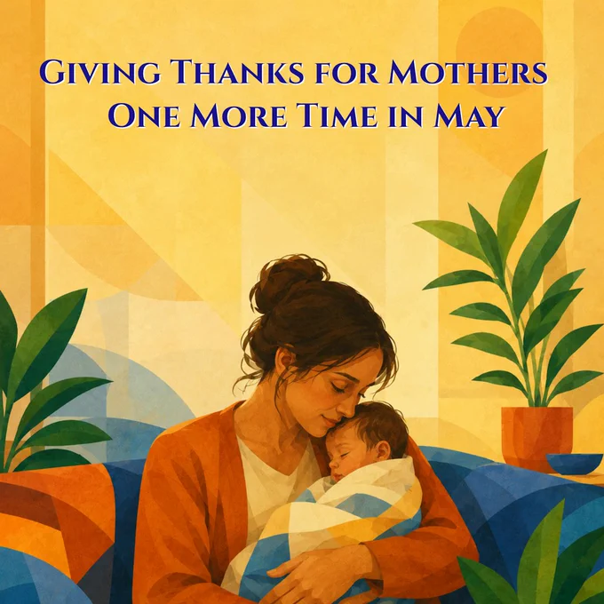 Square graphic in a warm modernist style showing a mother seated indoors, tenderly holding a sleeping infant wrapped in a white, gold, and blue blanket. The room is filled with golden light, blue cushions, and green houseplants. At the top, dark blue text reads: “GIVING THANKS FOR MOTHERS ONE MORE TIME IN MAY.”