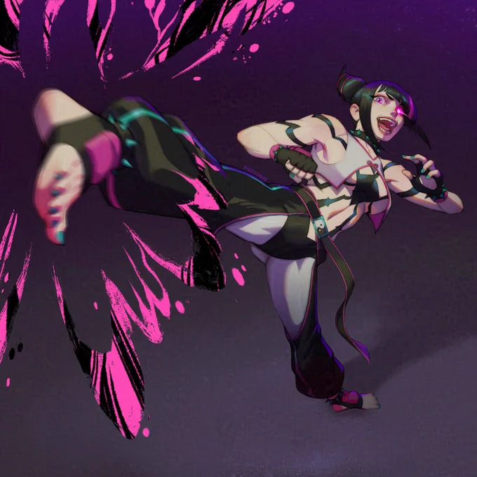 Juri Han doing a side kick toward the camera