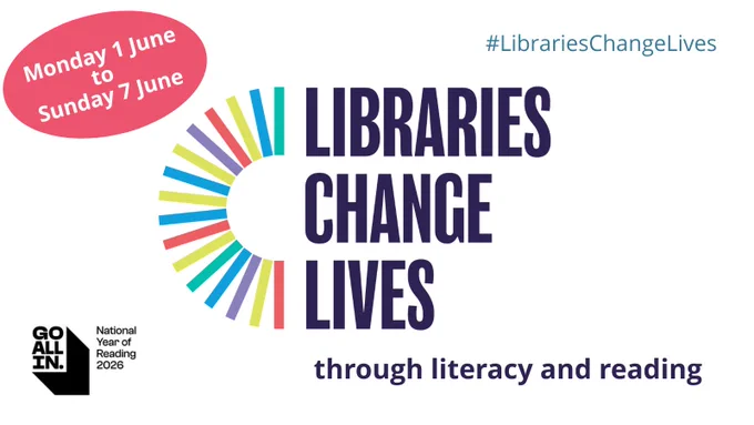 Colorful circular graphic with text promoting Libraries Change Lives event from June 1 to June 7, focusing on literacy and reading.