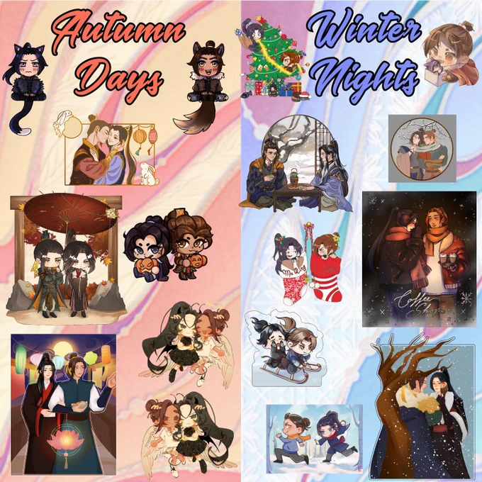 Graphic illustrating the non-flat items in the joint bundle. The image is divided in two; the left side has a swirly orange background and the autumn items. Top left the text 'Autumn Days' is written in cursive orange font. The right side has a blue swirly background and the winter items. Top left the text 'Winter Nights' is written in cursive blue font
