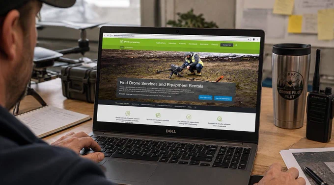 Drone operator viewing the SPH Engineering Marketplace on a laptop, a platform for finding specialized drone services and renting advanced sensor payloads such as LiDAR, ground-penetrating radar and magnetometers.
