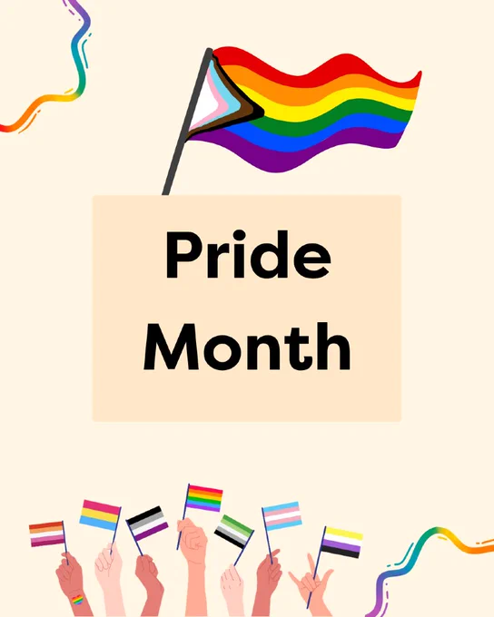 Pride Month poster with rainbow flag and hands holding up the individual flags which make up the rainbow at the bottom.