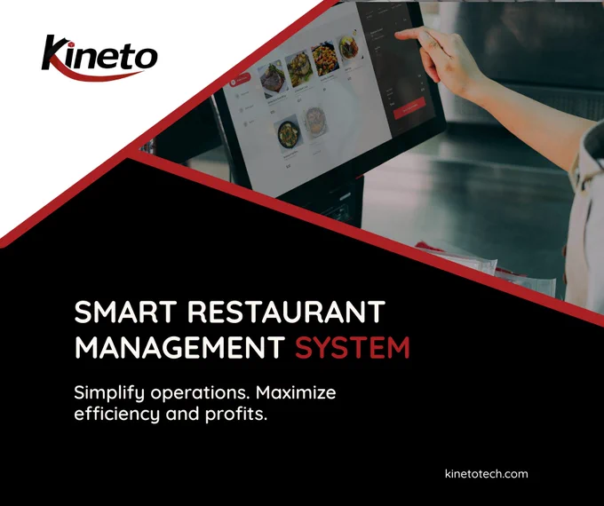 A person using a touchscreen self-service kiosk displaying a digital restaurant menu with food images and prices, alongside the Kineto logo and the text "Smart Restaurant Management System. Simplify operations. Maximize efficiency and profits.