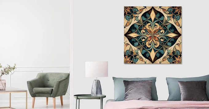 This beautifully detailed artwork features a symmetrical composition filled with intricate floral and geometric patterns. Swirling motifs and leaf-like elements intertwine gracefully in a soothing palette of blue, tan, and brown, creating a harmonious and decorative appearance. Perfect for prints, wallpapers, textiles, or elegant home decor, this high-resolution design brings a refined and timeless charm to any setting.