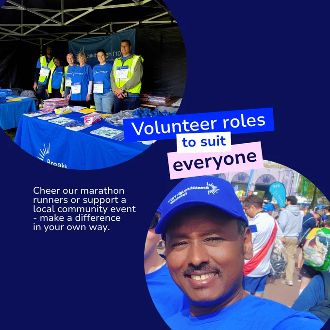Volunteers in branded shirts and high-visibility vests standing behind an event table with supplies and water bottles; text highlights volunteer roles supporting events and fundraising.