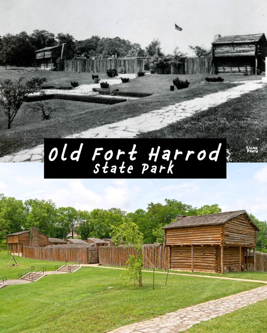Two images of Old Fort Harrod State Park. The top is a historical black-and-white photo showing log buildings and a fence. The bottom is a color photo of the same area with reconstructed log buildings and fence, surrounded by green grass and trees.