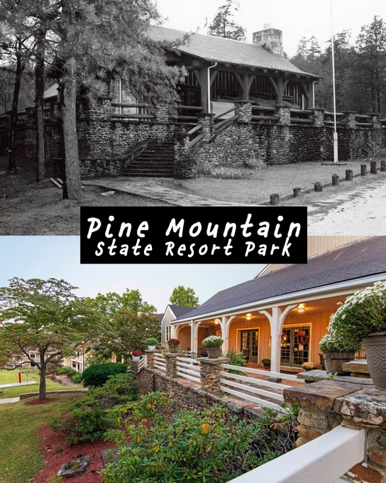 The image shows a comparison of Pine Mountain State Resort Park, featuring a black-and-white photograph of the original structure on top and a modern color photograph of the current building below. Both images showcase a rustic architectural style with a porch and lush surroundings.