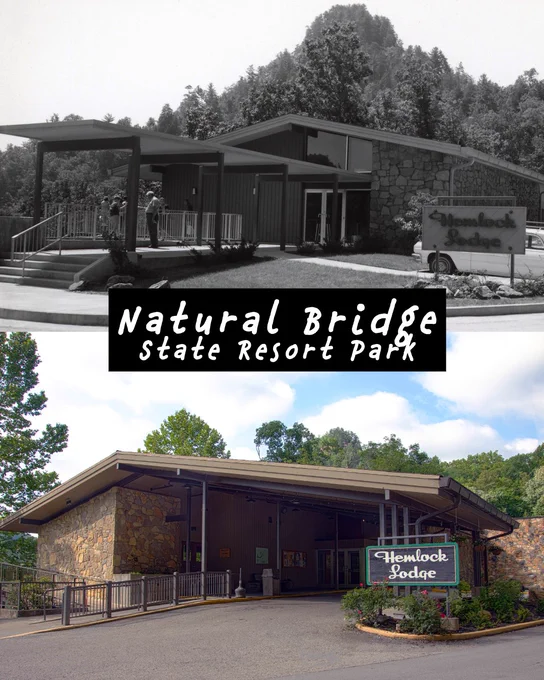Two images show the Hemlock Lodge at Natural Bridge State Resort Park. The top image is black and white, featuring the lodge's entrance with a stone and wood exterior. The bottom image is in color, displaying the same entrance with updated signage and lush greenery around.