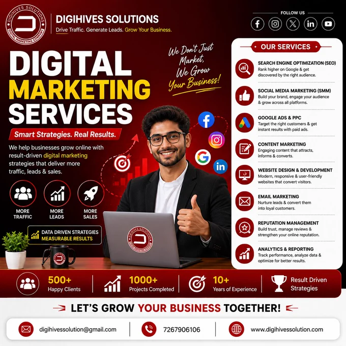 🚀 Digihives Solutions ✅ | Best Digital Marketing Company in Varanasi

Grow Your Business with Result-Driven Digital Marketing Services! 📈✨

At Digihives Solutions, we help businesses increase their online visibility, generate quality leads, and build a powerful brand presence through innovative digital marketing strategies.

🌟 Our Services:
✔️ Search Engine Optimization (SEO)
✔️ Social Media Marketing (SMM)
✔️ Google Ads & PPC Campaigns
✔️ Website Design & Development
✔️ Google Business Profile (GMB) Optimization
✔️ Online Reputation Management (ORM)
✔️ Content Marketing & Branding
✔️ Lead Generation Services

📞 Connect With Us Today!
📲 072679 06106
📩 digihivessolution@gmail.com
🌐 https://digihivessolution.com/

💡 Your Success is Our Digital Mission!

#DigihivesSolutions #DigitalMarketingCompany #DigitalMarketingAgency #BestSEOCompany #SEOExpert #SocialMediaMarketing #GoogleAdsExpert #WebsiteDevelopment #GMBOptimization #OnlineMarketing #LeadGeneration #BusinessGrowth #Branding