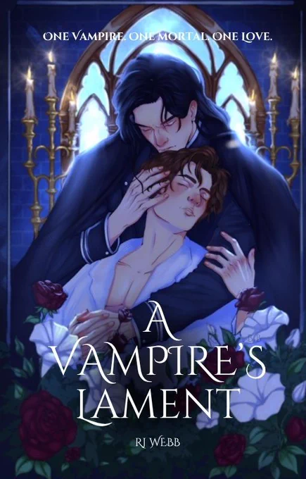 A book cover for a gothic mm paranormal romance A Vampire's Lament. The cover is moody blue with roses, moonflowers, and candles. A Vampire dressed in black with long black hair is holding a man dressed in linen with short hazel hair. 