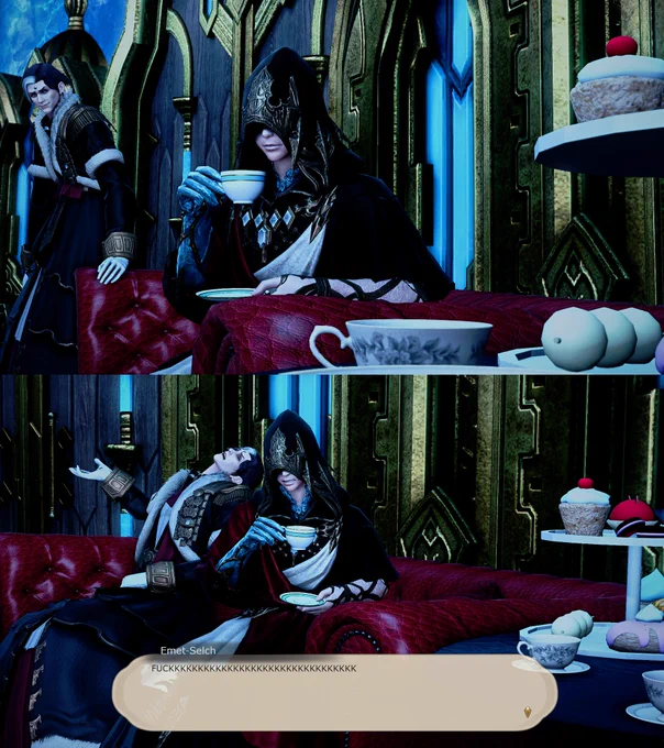 The Exarch sits having tea, seemingly expecting Emet-Selch, who takes a seat, leans back, and dramatically drawls out the word "FUCKKKKKKKKKKK" to be obnoxious