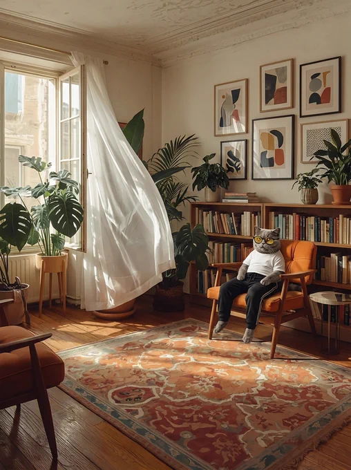 A warm, sunlit mid‑century modern living room with sheer curtains, lush houseplants, a wooden bookshelf, and abstract wall art. An orange armchair sits on a patterned rug, occupied by a playful humanoid figure with a gray cat’s head and yellow glasses. The vibrant colors, crisp details, and artistic composition highlight the high‑quality photo and art printing available from a Salt Lake City print shop.