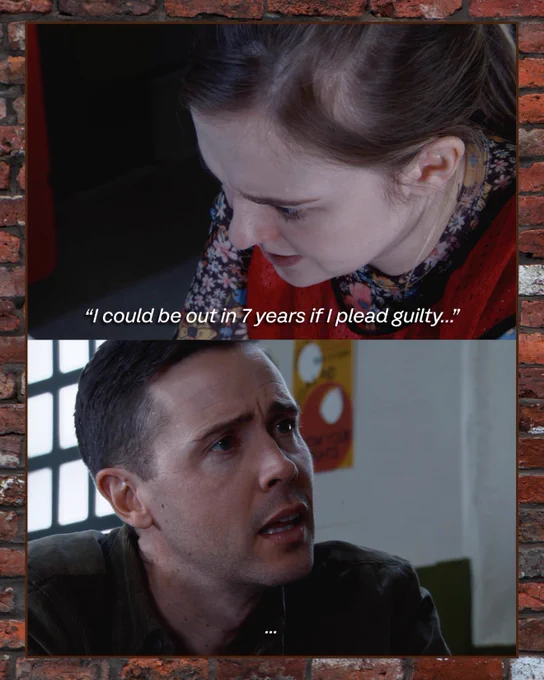 The second picture is also split into two images. The first is a close up from above of Summer. She looks small and vulnerable as she says \"I could be out in 7 years if I plead guilty\u2026\". The second shows a shocked Todd as he realises what Summer is contemplating. 