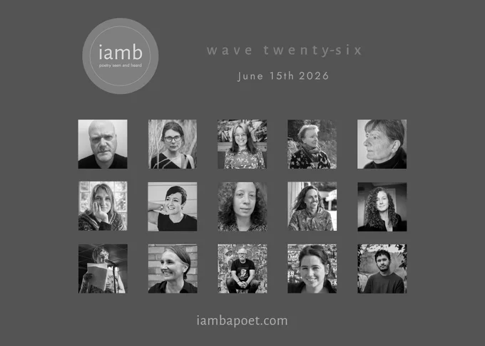 Promotional poster for wave twenty-six of online poetry journal iamb. It shows black and white author photos of all 15 poets who feature, and announces the publication date as June 15th 2026.