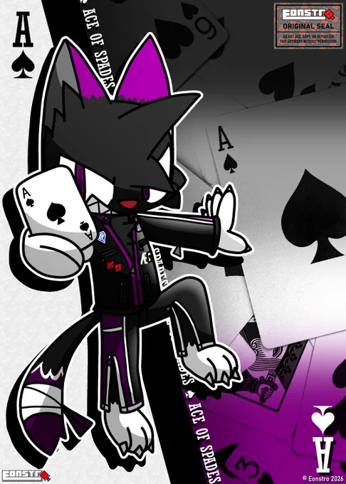 Digital artwork featuring Eon the cat holding an ace of spades playing card. Eon is a black/purple/white cat wearing a racing jacket and track pants. He is leaping mid-air as he looks at you, the viewer, while grinning.

Background consists of a white background divided by a photo of playing cards tinted with the colors of the Asexual pride flag, with repeating "ACE OF SPADES" text on the border of the left half. There's also "A" and a spade icon in the upper left and bottom right corners of the image, like a playing card.