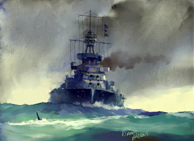 Artwork by Dennis Andrews created for Iain Ballantyne's book 'Warspite' showing the legendary battleship on the way to Rosyth after Jutland and encountering a U-boat (see tip of periscope in foreground). No use without prior permission.