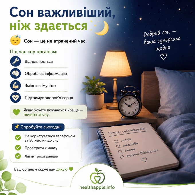 Сон важливіший, ніж здається

😴 Сон — це не втрачений час.

Під час сну організм:

🛠️ Відновлюється 🧠 Обробляє інформацію 💪 Зміцнює імунітет ❤️ Підтримує здоров’я серця

Якщо хочете почуватися краще — почніть зі сну.

📌 Спробуйте сьогодні:

✔️ Не користуватися телефоном за 30 хвилин до сну ✔️ Провітрити кімнату ✔️ Лягти трохи раніше

Ваш організм скаже вам дякую 💚

#сон #здоровя #healthyhabits #sleepwell #wellness #HealthApple