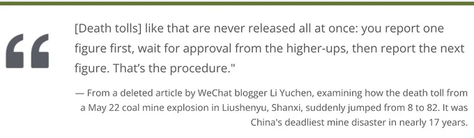 "[Death tolls] like that are never released all at once: you report one figure first, wait for approval from the higher-ups, then report the next figure. That’s the procedure." - From a deleted article by WeChat blogger Li Yuchen, examining how the death toll from the May 22 Liushenyu coal mine explosion in Shanxi suddenly jumped from 8 to 82. It was China's deadliest mine disaster in nearly 17 years.
