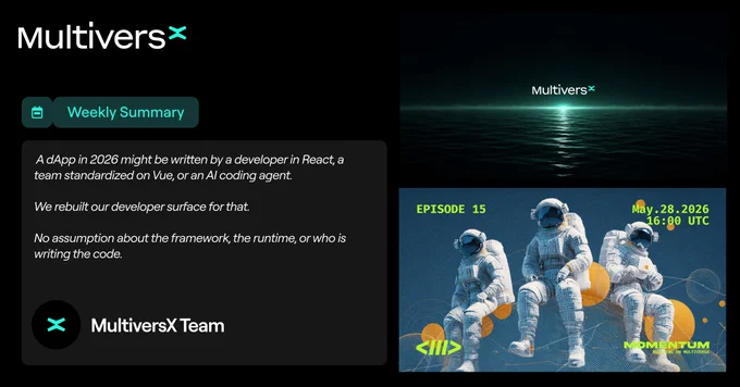 The image includes a sleek black background with the "MultiversX" logo, a reflective ocean view, and vibrant graphics of astronauts.