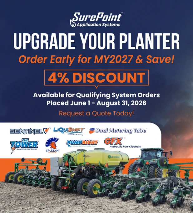 We've got a new Retail Incentive Program that growers NEED to hear about. Our Early Order Program for #MY2027 Application Systems is officially open! Now through August 31st, 2026, qualifying system orders over $5,000 are eligible for a 4% discount. Which means NOW is the time to upgrade your planter and start planning for MY2027.

Qualifying technologies include Sentinel™, LiquiShift®, PumpRight™, GFX™ Hydraulic Row Cleaners, Spartan™, The Tower™, Dual Metering Tube™, and more.

Start building the right setup for your operation before next season. Growers can request a quote from their local #SurePointAg dealer, or on our website. Get started by using our Find a Dealer tool here: www.surepointag.com/dealers.

#PrecisionAg #PlanterTechnology #AgTech #FarmEfficiency #FertilizerApplication