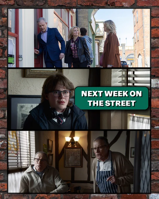 The first picture is split into three images with text reading \"Next week on the street\". The first image shows Nick, Leanne, Toyah and Will all croweded outside the entrance to Roy's cafe. They nervously listen at the door where they can't get in. The second image shows Sam inside the cafe with a distressed look on his face. And the third image shows what Sam is looking at. Two Roys are infront of him. 