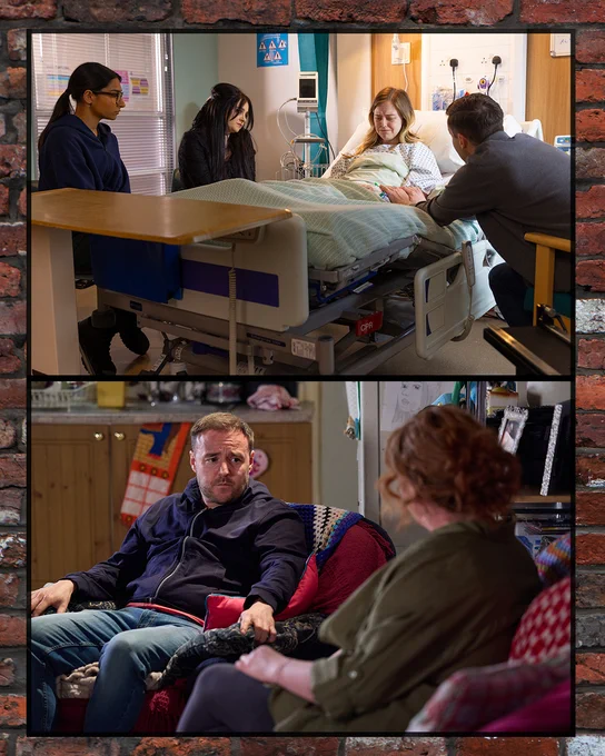 The second picture is split into two images. The first image shows an upset Summer lying in a hospital bed crying. As Todd leans in holding her arm for support. Asha and Nina sit on the other side of Summer's bed looking worried. The second image shows Tyrone sat in his living room looking towards Fiz, guilt and fear across his face. 
