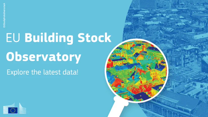 Visual for the EU Building Stock Observatory. Large white text reads 'EU Building Stock Observatory' with the subtitle 'Explore the latest data!' on a light blue background. A blue-tinted aerial cityscape appears on the right, overlaid with a magnifying glass showing a colourful thermal image of buildings. The European Commission logo is displayed in the bottom-left corner.