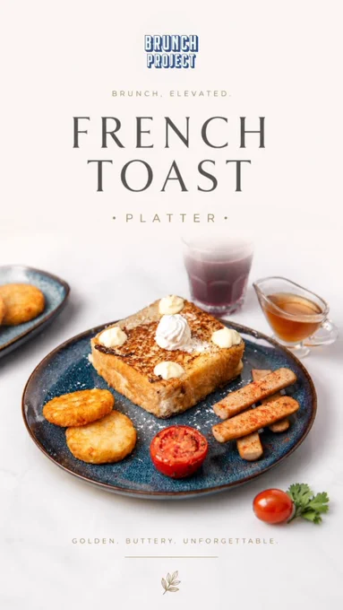 A beautifully plated French Toast Platter from Brunch Project in Koramangala, Bangalore, presented against a clean minimalist backdrop. The dish features a thick-cut golden French toast topped with whipped cream and creamy dollops, served alongside crispy hash browns, lightly seasoned breakfast sausages, roasted tomato, and a side of maple syrup. The food is arranged on an elegant blue ceramic plate that highlights the rich golden tones of the toast and breakfast sides. A refreshing beverage and syrup pitcher complete the brunch setup. The design includes sophisticated typography reading “French Toast Platter” and “Golden. Buttery. Unforgettable.” reflecting the café’s premium brunch experience. The image captures the balance of sweet and savoury flavours while showcasing an elevated all-day breakfast menu item. Perfect for brunch lovers searching for the best French toast, breakfast platters, and specialty brunch experiences in Bangalore, this dish represents comfort, indulgence, 