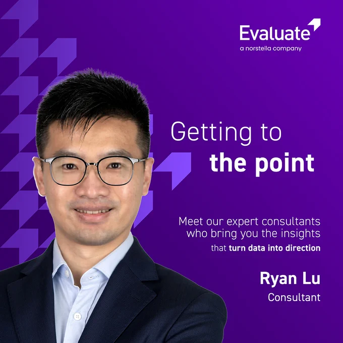 A professional headshot of Ryan Lu, a consultant from Evaluate, with a bold text overlay promoting his expertise. The mood is professional and informative.
