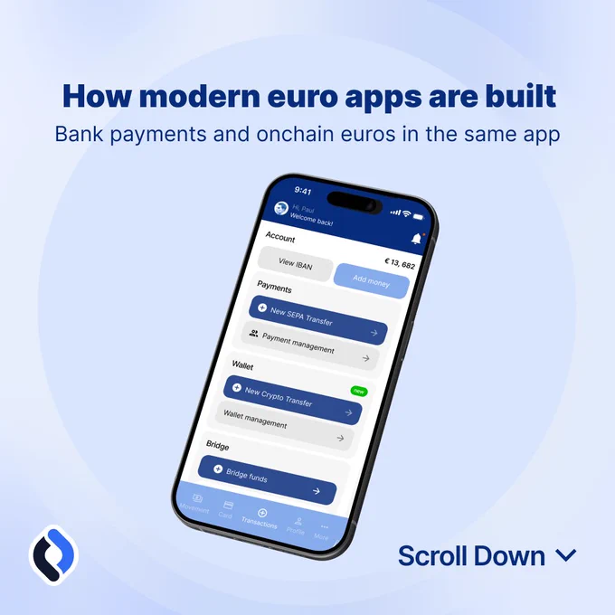 A digital advertisement showcasing a mobile app for bank payments and onchain euros, with a focus on modern financial transactions.
