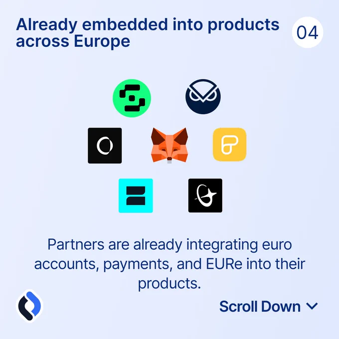 A promotional graphic showing various logos indicating the integration of euro accounts and payments into products across Europe. The mood is professional and informative.