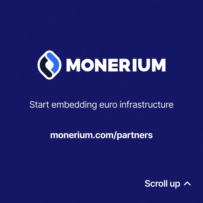 A bold advertisement for Monerium highlighting their Euro infrastructure services. The image features a minimalistic design with a deep blue background and clear white text, conveying a professional and modern tone.