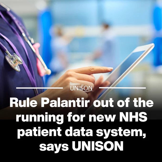 Rule Palantir out of the running for new NHS patient data system, says UNISON
